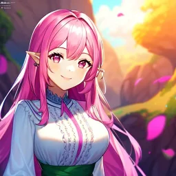 8k, Girl, high quality, detailed, pink hair, pink eyes, beautiful lighting, vibrant colors, smiling, elf