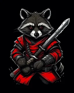 racoon samurai with a katana, into an armor, red black colors,