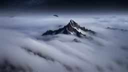 looking down from space at only one single sharp misty mountain cliff coming through the mist and surrounded by the mist at night starry sky. There is crucially only one mountain, do not paint more other peaks in the background.