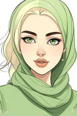 Simple drawing, Blonde, Green eyes, blonde eyebrows ، nous makeup ،wearingg a hijab a ، write Bella signature Bella, cartoon style, color flat