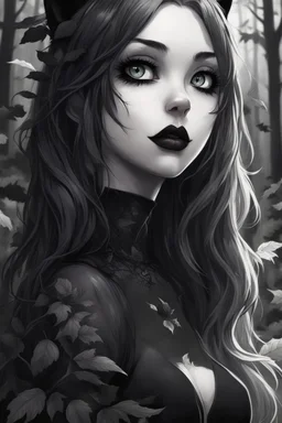 CAT GIRL, goth, forest, nature, cartoon, leaves, black and white hair, boobs, portrait, colour iamge