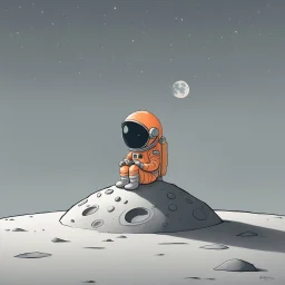 A whimsical digital illustration of a cartoonish astronaut, delicately rendered in soft pastel hues, sitting on a tiny, cratered moon, lost in thought as they stare out into the vast, starry expanse of empty space, their bright orange spacesuit a pop of color against the muted, celestial backdrop, with subtle texture and gentle shading adding depth to the minimalist composition, evoking a sense of wonder and contemplation, as if pondering the mysteries of the cosmos, amidst the eerie silence of