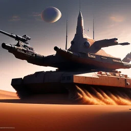 volumetric desert environment, Ralph McQuarrie style painting, gun turret on armored hovercraft, highly detailed