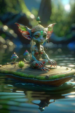 transparent elf pixie hippie creature on small raft, in the style of fantasy movies, photorealistic, shot on Hasselblad h6d-400c, zeiss prime lens, bokeh like f/0.8, tilt-shift lens 8k, high detail, smooth render, unreal engine 5, cinema 4d, HDR, dust effect, vivid colors