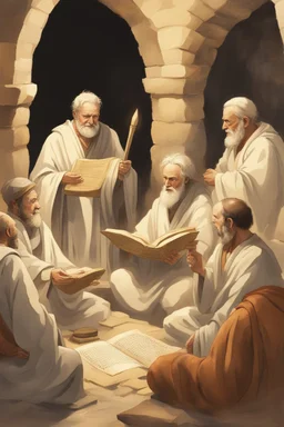 Several Christian priests of the 1st century AD are sitting in a cave and actively arguing and gesticulating, each holding a scroll of Ancient Scripture, many ancient scrolls are lying on a wooden table in front of them, everything is written in watercolor in high resolution, in 8k.