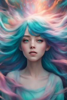 A stunning Anime girl suspended in a kaleidoscope of colors, captured in a photorealistic, cinematic photograph, as if plucked from a dream sequence. Her vibrant turquoise hair flows like a river, contrasting with the muted, earthy tones of her skin, set against a gradient of iridescent pinks and purples, evoking a sense of ethereal mysticism. Soft, cinematic film grain textures the image, infusing it with a sense of nostalgic warmth, as if lit by the flickering lights of a vintage cinema.