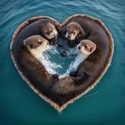 a raft of two sea otters holding hands, being "Better Together" on the river, seen from above in a shape of heart