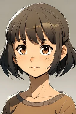 Young girl anime style, has black pixie bob hair that is covered until right below her ears and she has bangs resting on her forehead. She has bright brown eyes that hold a lot of innocence in them. She has slightly tanned skin. She is really short for her age coming at about 5'2, but it just adds to the cuteness about her.