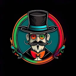 professor balthazar with a black hat in style of fancy colorful decorated logo