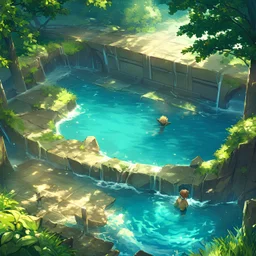 In the anime, a young male character with a young female character is near the green lake in the sunset afternoon.