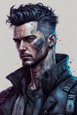 cyberpunk realistic, male, hyper detailed, gunslinger, no glasses, ex cop, sad eyes, ink colour style