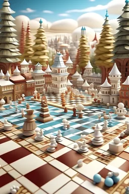 "Create a vivid and imaginative scene of a wavy chessboard where each white square transforms into a charming miniature city. Explore the unique characteristics and activities of these tiny urban centers, and consider the interactions and stories that unfold in this whimsical and fantastical world."