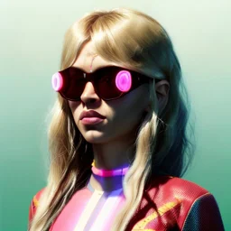 Shakira, artist, 30 years old, Realistic image, waist up portrait, etro style dress. Gucci sunglasses. Blonde, loose long hair, eyes make up, perfect, glow, circle iris. Neon colors, leds, geometric shapes. Dark background, neon lights. Cyberpunk, concept art, smooth, unreal engine 5, god lights, ray tracing, RTX, lumen lighting, ultra detail, volumetric lighting, 3d, finely drawn, high definition, 4k.