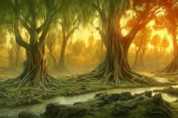 gaea, insane treepunk, volumetric pastel orange and red glowing forest environment and background, epic color pencil painting of abstract art plant camps, 16k, intricate flora, ancient willow tree, twisted wood, lush, ancient roots, organic, mushrooms, stacks of wood, ancient vines, leaves, ambient occlusion, rocks, uhd, realistic shaded volumetric lighting, ancient wood, sunlight caustics, volumetric clouds, pigmented colors, redshift engine render, concept art and visualization by sam curry