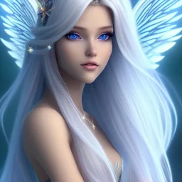  beautiful, soft, smiling, long and straight blonde hair, bluish background, fairy wings on the back