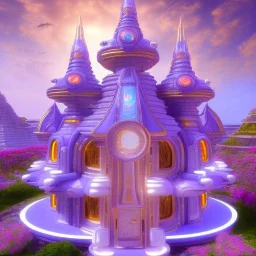 landscape of aztecan temple ambient beutiful villa white gold and neon lights bright and colorful bright gloss effect of a futuristic house,like spaceship, natural round shapes concept, large transparent view of the open outdoor garden,sea beach at sunset, gold crystals,with light blue, flowers of Lotus, beutiful pools, light of sun , palmiers,cerisiers en fleurs, wisteria, sun , stars, small waterfalls