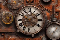 abstract painting, rusted clocks, rust, scaffolding, perfect face, high detail