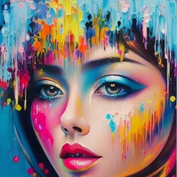 iv_a painting of a young woman, figurative art, an acrylic detailed painting, , brush strokes, paint drips and drabs and splatters by Elaine de Kooning and Bryen Frost, pexels, turquoise pink and yellow, james terrell art, blue background by Harumi Hironaka, trending on artstation, soft lines, paint drips and drabs and splatters by jana brike, fauvism, highly detailed sharp focus smooth elegant illustration by artgerm dreamy and ethereal intricate art by bastien lecouffe deharme and greg rutk