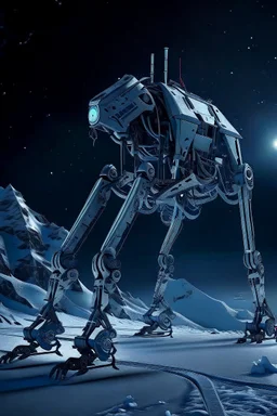 a sleek mechanical walker with eight legs scaling a very steep snow covered side of mout everest at night, it has a smooth surface, it has storage pods on its belly and humans can fit in the pods