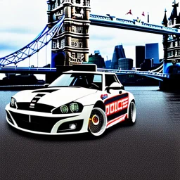 A police Tesla Cybertruck is chasing a Tesla 'Model S Plaid' at top speed, by the 'Tower Bridge', in London. CINEMATIC. WIDE ANGLE LENS.