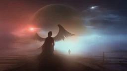 walking straight ahead over a wooden bridge, holding the angel of death with your right hand, entering the fog at the end of the road that leads to the afterlife, and a beautiful sunset and galaxy's behind the fog, realistic