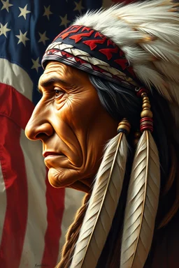 an expressive painting of an native Indian with feathers side view face with the American flag in the background, might see a companion with features of absolute strength and determination, blended with warmth and deep faith. Perhaps his head expresses wisdom and courage, with eyes radiating confidence and faith.