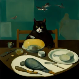 a cat and human flesh-like surgical instruments and universe-like a pigeon and neuralink, surrealism,minimalism,Painting By Adrian Ghenie, Rene Magritte, Salvador Dali, Lucian Freud