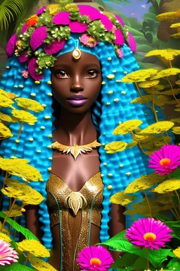 african, castle, avatar, fantasy land, Beautiful , deesse, flowers beach, African mermaid,, long hair amazing eyes, flowers, happy cosmic, bright colors,, very blue, pink, gold, jewels, hair very, very very long hair, realistic, photo real, clear smiling background, beautiful highly detailed, high contrast, high definition, unreal engine 5, extremely sharp detail, light effect, sunny light background