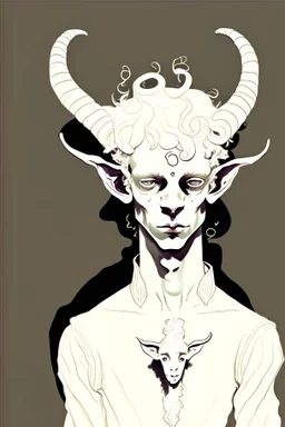 young satyr male albino alchemist with goat horns in the style of Aubrey Beardsley