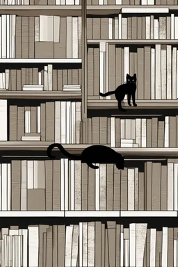 one black cat standing behind the bookshelf, white background