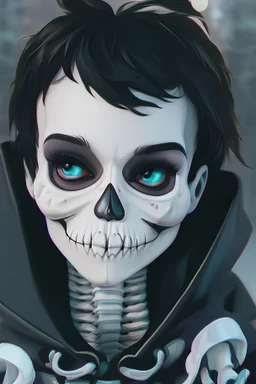 a cute animation boy, skateboarding , trendy hoody, 8 k, tim Burton skeleton style from the movie "night before Xmas", realistic animation, gothic