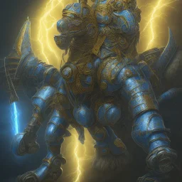 angry warrior in Blue and yellow battle armor with electric bolts of lightning, a highly detailed illustration, background of Inka jungle, realistic render, 8 k, micro detail, intricate, elegant, centered, digital painting, Artstation, smooth, sharp focus, illustration, artgerm, tomasz alen kopera, peter mohrbacher, donato giancola, joseph christian leyendecker, wlop, boris vallejo