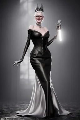 Carmen Dell`orifice as evil queen in black leather gown, angry, busty, curvey, cleavage, unreal 5, octane render,cinema4d, dynamic lighting, dramatic lighting, 4k, redshift render, highly detailed, hyper realistic