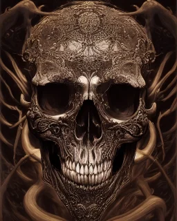 A beautiful highly detailed ornate intricate portrait of a flaming demon skull made of shiny obsidian glass :: reflective, glassy :: subtractive lighting, backlit :: by John William Waterhouse, Greg Rutkowski, HR Giger :: hyperrealistic, hyper detailed, photorealistic :: epic, incredible composition, amazing depth, meticulously composed, 16k resolution concept art :: fantasy magazine cover art