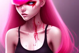 girl super angry, beautiful, cute, bloody, pink hair, black shirt