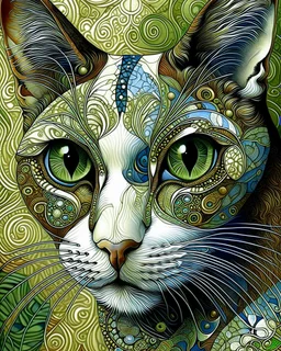 Detailed Surreal Portrait of Oriental blue and white tabby cat, with a triangular slender white face, large ears and green eyes by Gustav Klimt muted colors.
