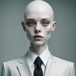 a close up of a person wearing a suit and tie, inspired by James Bolivar Manson, tumblr, neo-dada, elle fanning as an android, white scary skin, symmetrical face and full body, sanja stikovic, hitman, hairless, human-animal hybrid, high quality costume, sascha schneider, alessio albi, pale woman, shot with Sony Alpha a9 Il and Sony FE 200-600mm f/5.6-6.3 G OSS lens, natural light, hyper realistic photograph, ultra detailed -ar 3:2 -q 2 -s 750