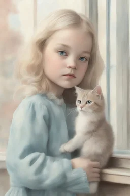 Illustration of model gemma ward as toddler, at the window,with a cat, ,style of Marcel Marlier, pastel colors