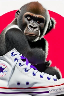 a profile picture of a small gorilla sitting in a purple Converse sneaker, like it's a car, comic style