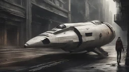 sleek cargo spaceship, built like a teardrop, landing in an empty ruined street