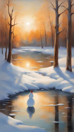 The landscape painting captured the essence of nature, with the warm hues of the sun casting a golden glow over the morning scene. The snowman stood tall, his figure elegantly reflected in the clear, shimmering pool, creating a stunning and more beautiful shadow on the icy ground.