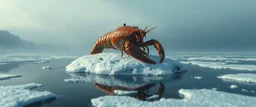 airbrush 3d rendering, close up lobster space ship on small frozen island in lake, pinhole cam