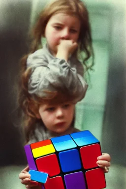 Little girl and aRubik's cube, autochrome