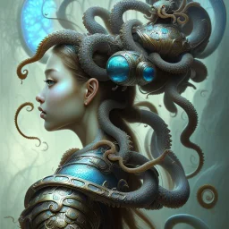 Sango fantasy, fantasy magic, intricate, sharp focus, illustration, highly detailed, digital painting, concept art, matte, art germ and Paul Lewin and Kehinde Wiley, masterpiece Japanese lady head bronze octopus Asian African girl nice breast Thai hair turquoise silver blue waves