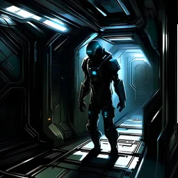 comic art style,The Shadow, cloaked in darkness, silently slips through the labyrinthine corridors of the heavily guarded space station. With each step, they evade detection by the station's advanced security systems, their form barely a whisper against the cold metal walls. Patrolling robots pass by, their sensors oblivious to the intruder's presence as the Shadow maneuvers with grace and precision. In the heart of the station, the Shadow finally reaches their goal: