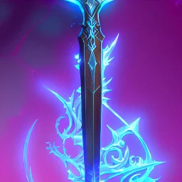 A fantasy zweihander, the blade is made up of glimmering ice, it's hilt is crafted from swirling vines, leading to a vibrant rose crystal at the pommel, with a black background behind it.