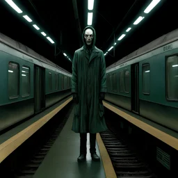 A strange eerie figure, creepy, someone ominously standing on a train platform, art by Tye Martinez, uncanny valley, nightmarefuel, analog horror, bizarre art, vhs scan lines, unsettling and visually disturbing, internet horror aesthetic, found footage, alluring yet strangely fascinating, melancholy vibes, horror story, metaphysical art