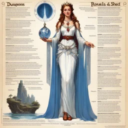 character concept sheet with AD&D statistics and characteristics, [illustration by Norman Rockwell for dungeons and dragons module B3] Silver Princess, youthful Madonna. Her special skills are: awakening, glimmer of anticipation, Moon stirs, magic objects: her silver nightgown like a shimmering waterfall, a large ruby pendant