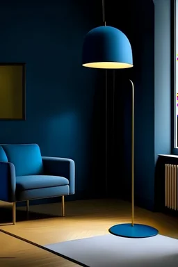 Floor lamp nordic spruce lamprod and an oversized indigo lampshade with a golden