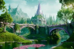 Magical fantasy elven city tower forest rivendell tree flower pink green yellow beautiful nature river 4k full hd